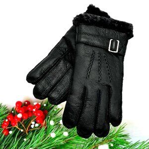 NWT Women’s Shearling Gloves Sz 7 Black Leather Sheepskin Fur Lining